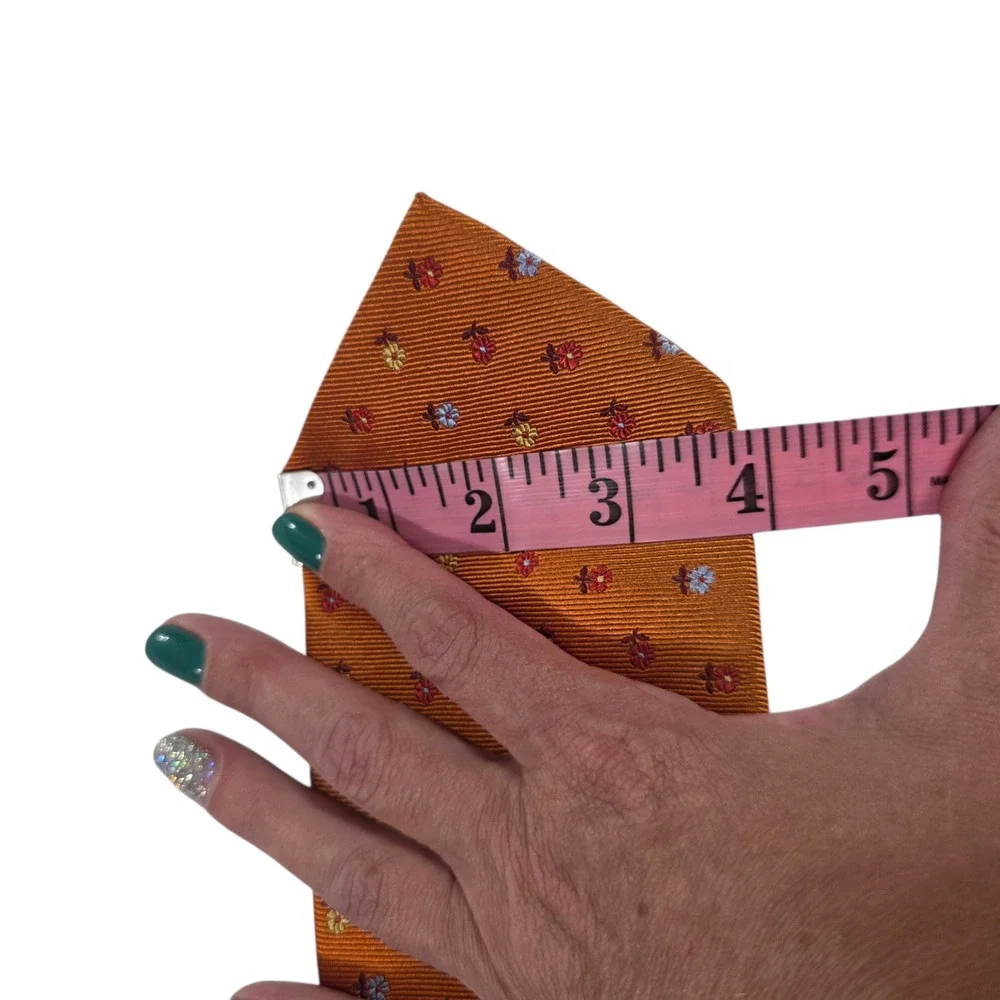 Les Copains Mens Necktie‎ Orange Silk Floral Striped Embroidered Long Luxury